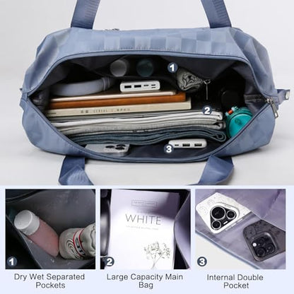Expandable Rolling Duffle Bag - Large Carry-On With Spinner Wheels, Foldable Weekend Travel Bag, 28-58L Capacity（Backpack-Blue Checkboard） - color: Backpack-Blue Checkboard, style: Backpack
