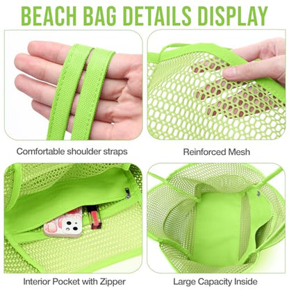 KPX Beach Bag with Mini Pocket, Summer Beach Tote Bags for Women Large Foldable Mesh Swimming Pool Travel Bags - Sandproof - color: Green