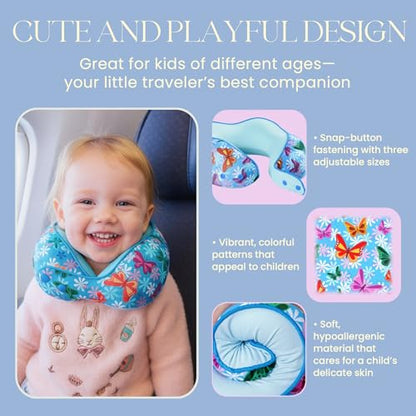SKYTRAX® Certified Kids Safe Memory Foam Travel Neck Pillows for Kids and Toddlers Cute Cartoon Design, Car Seat & Airplane Head Neck Support, Adjustable Snap Buttons Washable Soft Cover (Butterfly) - color: Butterfly