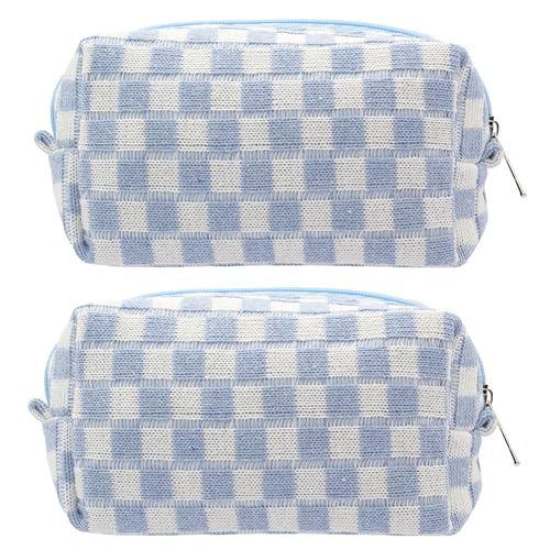 PAZIMIIK Checkered Makeup Bag for Purse Portable Zipper Make Up Pouch Small Cosmetic Case for Travel Accessories (2PCS Blue) - color: BLUE, size: 2PCS BOX POUCH