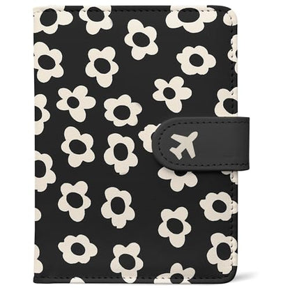 Passport Holder, Travel Wallet Cover with Pen Loop | Cute RFID Blocking Leather Case with Magnetic Closure for Travel Essentials-Flower - color: D-Graphic