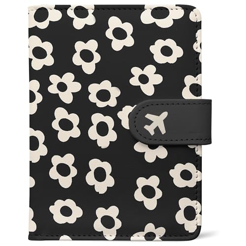Passport Holder, Travel Wallet Cover with Pen Loop | Cute RFID Blocking Leather Case with Magnetic Closure for Travel Essentials-Flower - color: D-Graphic