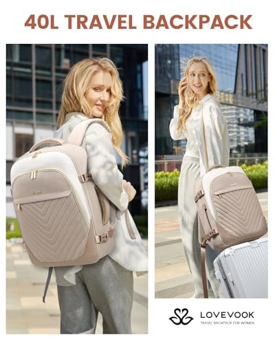LOVEVOOK Travel Backpack for Women, TSA Approved Carry On Backpack with 2 Packing Cubes, Personal Item Backpack Fits 17 Inch Laptop, Weekender Water-resistant Daypack, Khaki-beige - color: Khaki-beige, size: 17.3 Inch-3Pcs