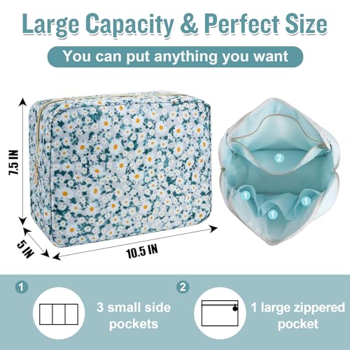 Nylon Large Floral Makeup Organizer Bag, Preppy Big Cute Flower Cosmetic Zipper Pouch Multi-compartment with Dividers, Waterproof Toiletry Makeup Brushes Bag Travel Essentials for Women(Green-Daisy) - color: Green-Daisy, size: Large