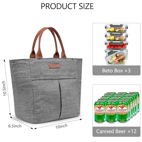 LOKASS Lunch Bag Women Insulated Lunch Box, Wide-Open Lunch Tote Bag Leak-proof Cooler Bag for Work Picnic- (Stripe) - color: Black Stripes