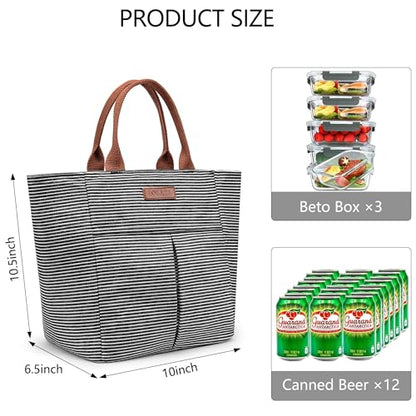 LOKASS Lunch Bag Women Insulated Lunch Box, Wide-Open Lunch Tote Bag Leak-proof Cooler Bag for Work Picnic- (Stripe) - color: Black Stripes
