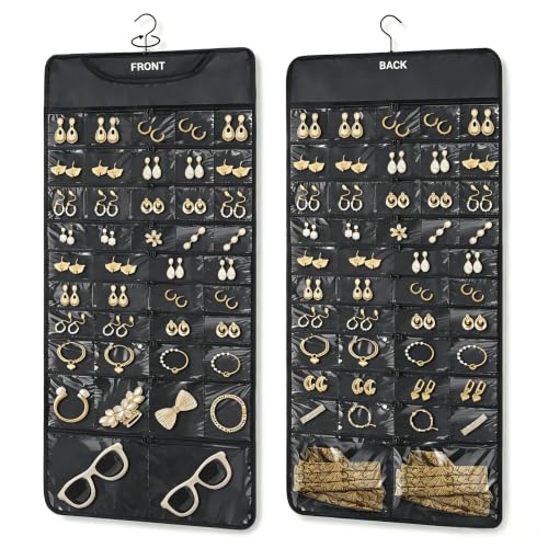 FOREGOER Hanging Jewelry Organizer Storage with 88 Zippered Pockets,Dustproof Foldable for Travel,Double-Sided Accessories Organizer Holder for Earring Necklace Ring on Closet Wall Door(Black,1 Pack) - color: 88 pocket black