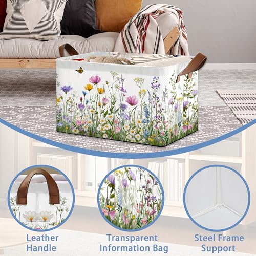 Wildflowers Butterfly Storage Baskets,Garden Herb Flower Foldable Large Capacity Organizer Bins with Waterproof Lining and Leather Handles for Closet,Shelf,Bedroom 17x11.5x10Inch - color: Wildflowers Butterfly Garden Herb Flower