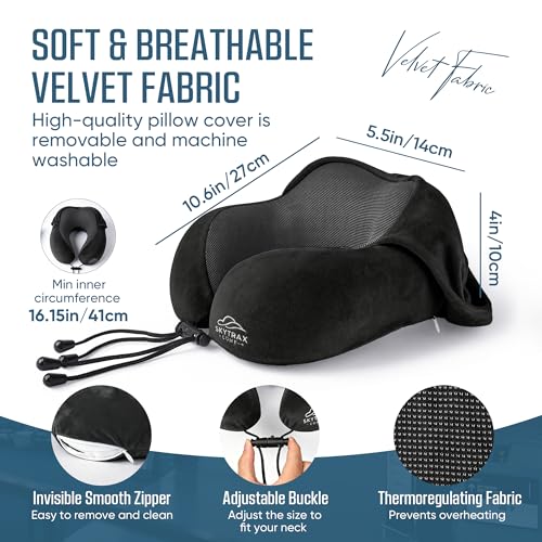 SkytraxComf® Travel Neck Pillow with Hood for Privacy on Long Flights | Memory Foam | Airplane Sleep | Safety-Tested Materials | Extra Large Hood | Chin Support | Earplugs | Washable Cover - color: Black