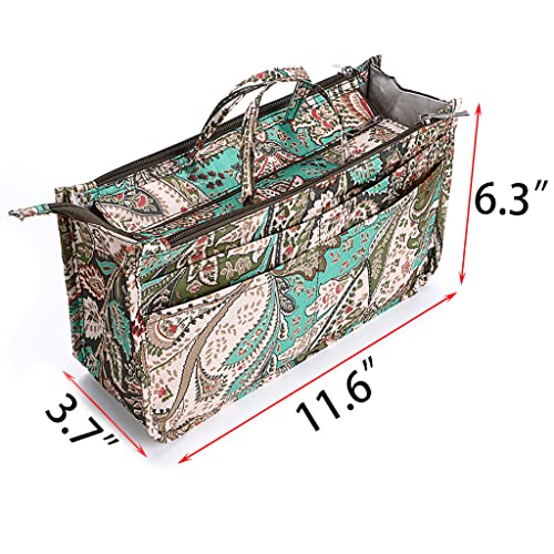 BTSKY New Printing Handbag Organizers Inside Purse Insert-High Capacity 13 Pockets Bag Tote Organizer with Handle Peacock Flower - color: Green+Brown
