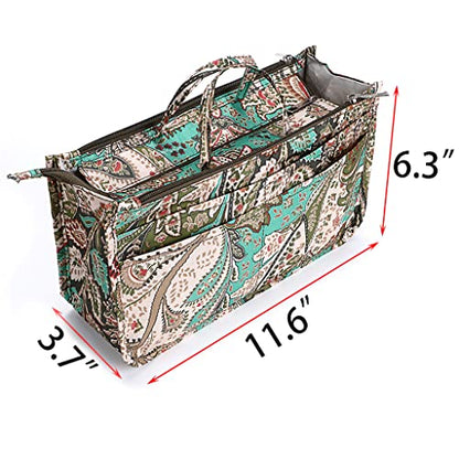 BTSKY New Printing Handbag Organizers Inside Purse Insert-High Capacity 13 Pockets Bag Tote Organizer with Handle Peacock Flower - color: Green+Brown