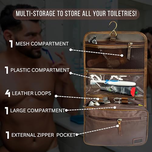 RUSTIC TOWN Leather Hanging Toiletry Bag for Men - Travel Shaving Dopp Kit - Bathroom Shower Toiletries Organizer - Leather Cosmetic Makeup Bag for Women - color: Brown