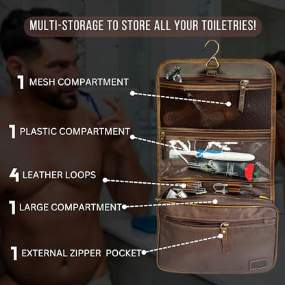 RUSTIC TOWN Leather Hanging Toiletry Bag for Men - Travel Shaving Dopp Kit - Bathroom Shower Toiletries Organizer - Leather Cosmetic Makeup Bag for Women - color: Brown
