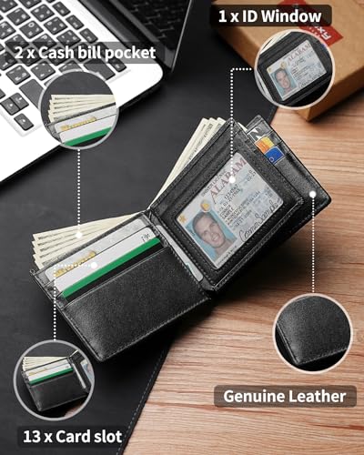 Artpaxy Mens Wallet Genuine Leather Bifold RFID Blocking Wallet for Men with 1 ID Window 13 Card Holders 2 cash pockets 1 Gift Box - color: Carbon Black