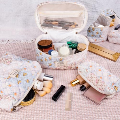 Gosect Makeup Bag Set, Quilted Makeup Bags, Large Floral Cosmetic Bag for Women, Cute Cotton Makeup Bags, Flower Travel Toiletry Organizer Bag (Folk Style) - color: MZF