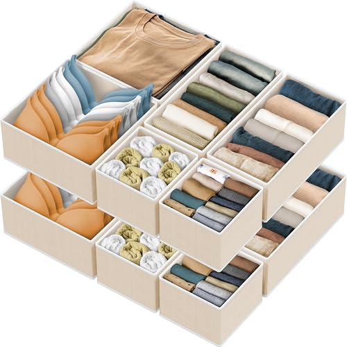 Simple Houseware Foldable Drawer Organizer Set of 12, Beige – Fabric Storage Bins for Clothes, Underwear, Bra, Panty, Socks, Onesies – Closet & Dresser Drawer Dividers for Home Organization - color: Beige, size: Set of 12 - 4L / 4M / 4S