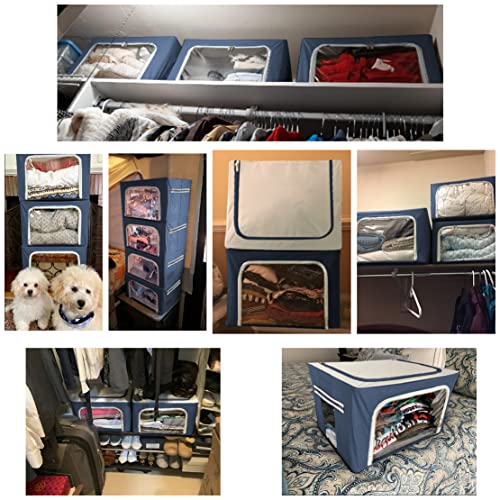 Clothes Storage Box Bins Stackable Foldable Organizer,Sturdy Handles with Metal Frame for Clothing Bedding Shelves,Closet Container with Clear Window Zipper and Label Holder (Navy, 40L x3 Pack) - color: Navy, 40L x3 Pack