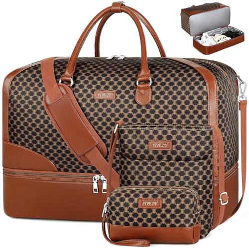 ITIEZY Weekender Overnight Bag for Women - Large Travel Duffel Bag with Shoe Compartment, Gym Duffel Bag Hospital Bag Carry On Tote Bags for Airplanes with Crossbody Bag Toiletry Bag 3Pcs Set - color: 9-dark Brown