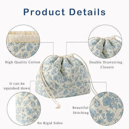 Cotton Quilted Drawstring Makeup Bag with Canvas Lining,Coquette Aesthetic Cute Travel Toiletry Bag,Drawstring Gift Bag for Women and Girls（02Light Blue Flower） - color: 02Light Blue Flower