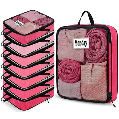 7 Pcs Packing Cubes for Travel Days of Week Compression Packing Cube with Labels Organizers Luggage Storage Bag(Pink,Large) - color: Pink