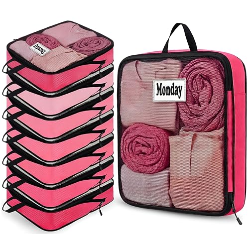 7 Pcs Packing Cubes for Travel Days of Week Compression Packing Cube with Labels Organizers Luggage Storage Bag(Pink,Large) - color: Pink