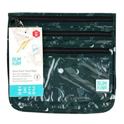 Bumkins Travel Bag, Toiletry, TSA Approved Packing Pouch, Zip Bag, Quart Size Airline Compliant, Clear-Sided, Set of 3 Sizes - color: B1 Starry Cactus-Dk Green, style: Bumkins