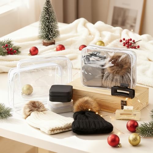Suhine 12 Pcs Winter Beanie Hat Gift Set for Women, Knit Pom Pom Hats with Hair Claw Clips, Jewelry Organizer Travel Cases and Clear Cosmetic Bags for Winter Travel Christmas