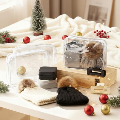 Suhine 12 Pcs Winter Beanie Hat Gift Set for Women, Knit Pom Pom Hats with Hair Claw Clips, Jewelry Organizer Travel Cases and Clear Cosmetic Bags for Winter Travel Christmas