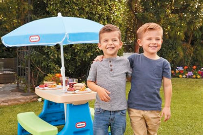 Little Tikes Easy Store Jr. Picnic Table with Umbrella - Blue / Green, 27.25''L x 27.00''W x 18.25''H - size: Junior
