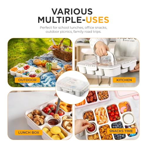 Snackle Box Container with Multi Compartments & Rotary Date Dial - Divided Serving Tray with Lid & Handle -Snack Organizer for Travel, veggies, Nut, fruit, Picnic & party - Dishwasher &Microwave safe