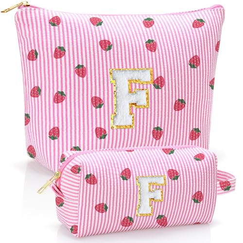 Personalized Initial Makeup Bag,Strawberry Print Preppy Cosmetic Toiletry Travel Bag,Trendy Letter Makeup Pouch for Teen Girls and Women,Holiday & Birthday Gift,2 Pack (F, Pink Strawberry) - style: F