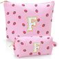 Personalized Initial Makeup Bag,Strawberry Print Preppy Cosmetic Toiletry Travel Bag,Trendy Letter Makeup Pouch for Teen Girls and Women,Holiday & Birthday Gift,2 Pack (F, Pink Strawberry) - style: F