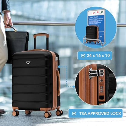 Flight Knight 24x16x10 Expandable Carry On Suitcase Hardside TSA Lock USB C Lightweight Luggage Silent Double Spinner Wheels Maximum Overhead Carry-On Bag For Virgin South West Approved Black/Tan - color: Black/Tan, size: 24x16x10"