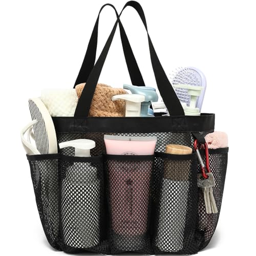 Fammart Mesh Shower Caddy Portable for College Dorm Room Essentials, Odorless Polyester Large Shower Tote Bag with Dual Handles, 8-Pocket Quick-Dry Toiletry Organizer for Travel, Beach, Camping, Gym - color: Multiple Pockets - Dark Black