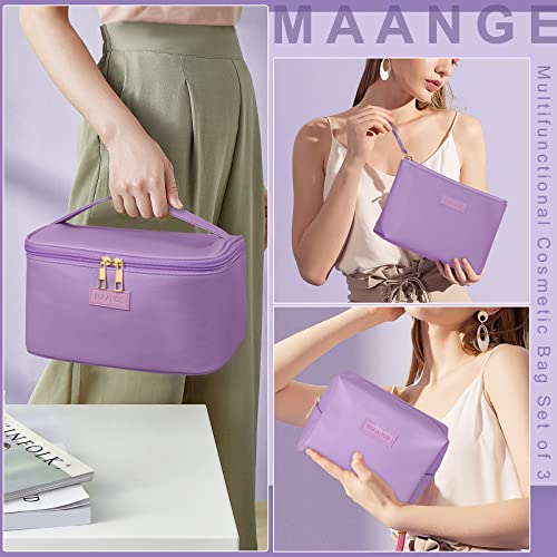 MAANGE Travel Makeup Bag - Large Makeup Bag with 2pcs Small Makeup Bag Portable Leather Cosmetic Bag Toiletry Bag Make Up Bags for Women and Girls (Purple) - color: Purple