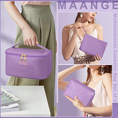 MAANGE Travel Makeup Bag - Large Makeup Bag with 2pcs Small Makeup Bag Portable Leather Cosmetic Bag Toiletry Bag Make Up Bags for Women and Girls (Purple) - color: Purple