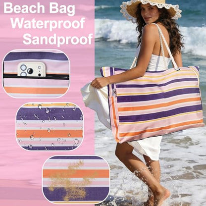 CaCTOUR Large Beach Bag Women,Beach Bags Waterproof Sandproof with Zipper Wet Pocket,Beach Tote Pool Bag for Swim Gym Travel - color: Pink