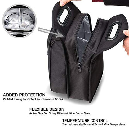 ALLCAMP 6 Piece Wine Travel Bag and Insulated Wine Carrier Tote Carrying Cooler Bag with Handle,Great Gift for Wine Lover - color: Large Black, size: 2 Bottle