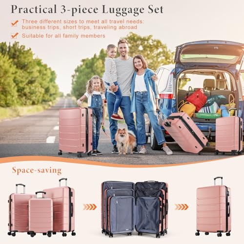 Sweetcrispy 3 Piece Luggage Set, Hard Shell ABS Travel Suitcase with Silent Spinner Wheels, TSA Combination Lock, Lightweight Rolling Suitcases for Business Trip Vacation, Pink, 20/24/28 Inch - color: Pink, size: 3-PCS Set (20/24/28 Inch)