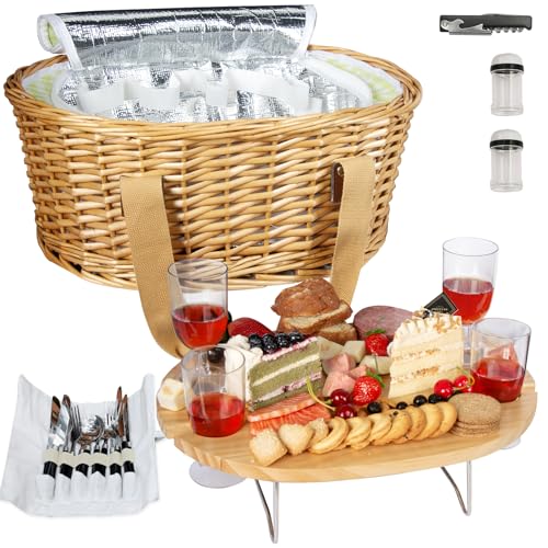 Hap Tim Wicker Picnic Basket Set for 4 with Mini Folding Wine Picnic Table & Large Insulated Cooler Bag & Cutlery Service Kits for 4 Person, Couples Gifts, Wedding Gifts (Y2209-4-GR) - color: Green, size: 4 person