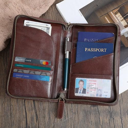 Polare Full Grain Leather Passport Holder With YKK Zipper RFID Blocking Travel Document Organizer Ticket Holder Cover Case Holds 2 Passports (Coffee) - color: Coffee