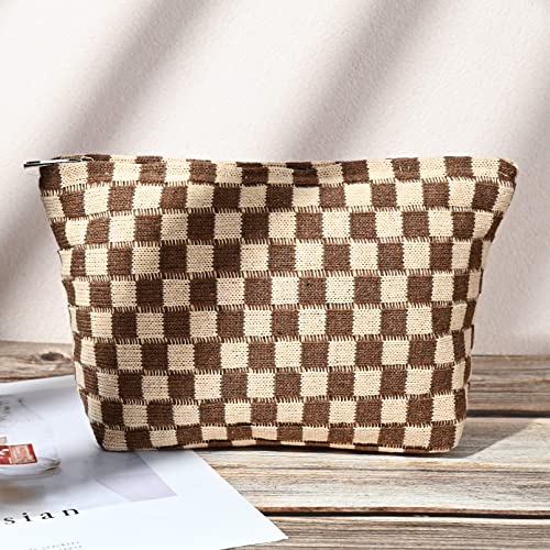 SOIDRAM 2 Pieces Makeup Bag Large Checkered Cosmetic Bag Capacity Canvas Travel Toiletry Bag Organizer Cute Makeup Brushes Aesthetic Accessories Storage Bag for Women, Checkered L Black Brown - color: Black & Brown