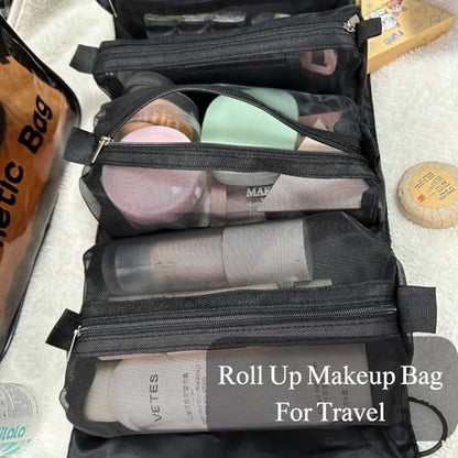 4 in 1 Detachable Roll Up Makeup Bag, Travel Make up Bag Large Capacity, Portable Toiletry Organizer with Mesh Pockets, Foldable Cosmetic Case for Travel, Gym, Home (Black)