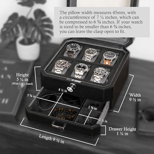 ROTHWELL 6 Slot Leather Watch Box with Valet Drawer - Luxury Watch Case Display Organizer, Microsuede Liner, Locking Mens Jewelry Watches Holder, Men's Storage Boxes with Large Glass Top (Black/Grey) - color: 6 Slot - Black / Grey