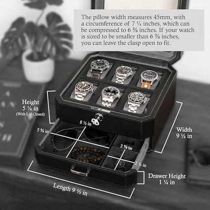 ROTHWELL 6 Slot Leather Watch Box with Valet Drawer - Luxury Watch Case Display Organizer, Microsuede Liner, Locking Mens Jewelry Watches Holder, Men's Storage Boxes with Large Glass Top (Black/Grey) - color: 6 Slot - Black / Grey