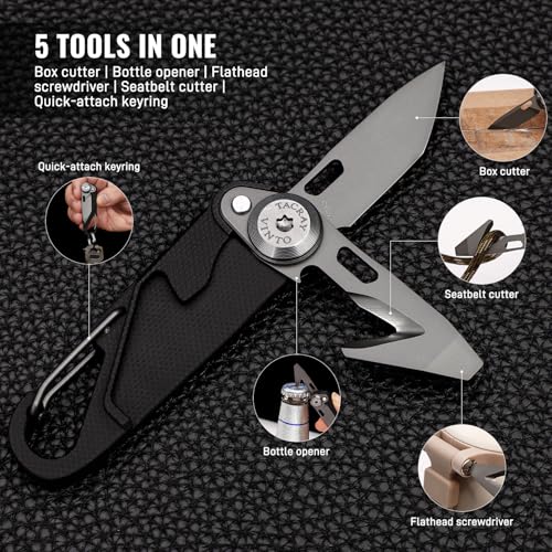 TACRAY Vinto 5-in-1 Small Pocket Knife – Ultra-Light Compact Multitool with Utility Knife, Seatbelt Cutter, Bottle Opener, Flathead Screwdriver & Keyring Attachment for Everyday Carry (Black) - color: Black