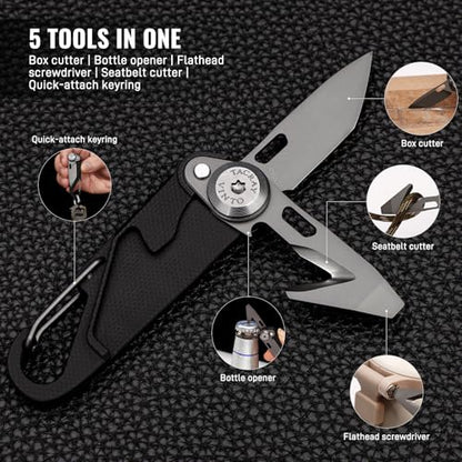 TACRAY Vinto 5-in-1 Small Pocket Knife – Ultra-Light Compact Multitool with Utility Knife, Seatbelt Cutter, Bottle Opener, Flathead Screwdriver & Keyring Attachment for Everyday Carry (Black) - color: Black