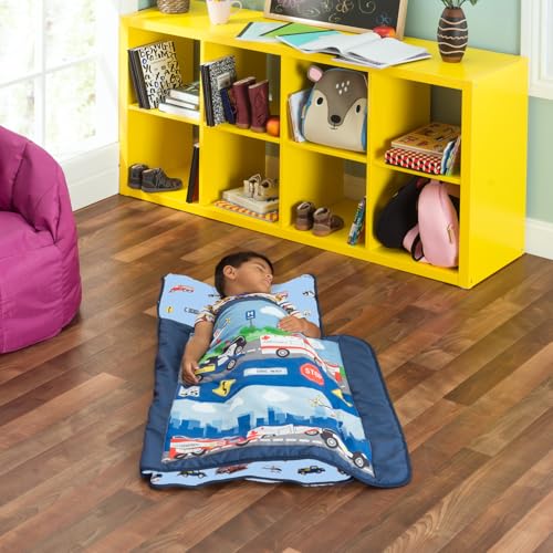 EVERYDAY KIDS Toddler Nap Mat with Removable Pillow -Fire Police Rescue- Carry Handle Fastening Straps Closure, Rollup Design, Soft Microfiber for Preschool, Daycare, Sleeping Bag -Ages 2-6 Years - color: Fire Police Rescue