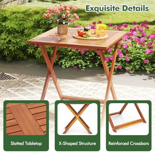 Tangkula 29.5-Inch Square Patio Dining Table, Solid Wood Folding Outdoor Bistro Table with Teak Painting & 2" Umbrella Hole, Outdoor Dining Table for Balcony, Deck, Porch, Backyard - size: 29.5"