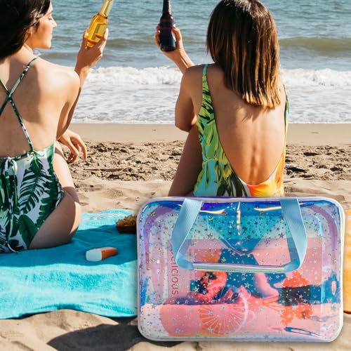 TPU Holographic Blue Clear Star Large Cosmetic Bag and Travel Pouch with Handle,Durable TPU Material,Zipper Design-Ideal for Makeup,Travel Essentials (Holographic Blue) - color: Holographic blue